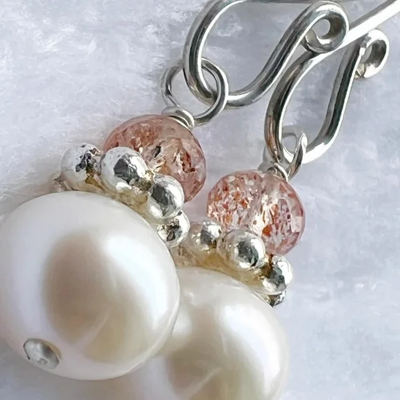 💎Sterling Silver Earrings with Freshwater Pearl and Sunstone Gemstones - Picture 8 of 9